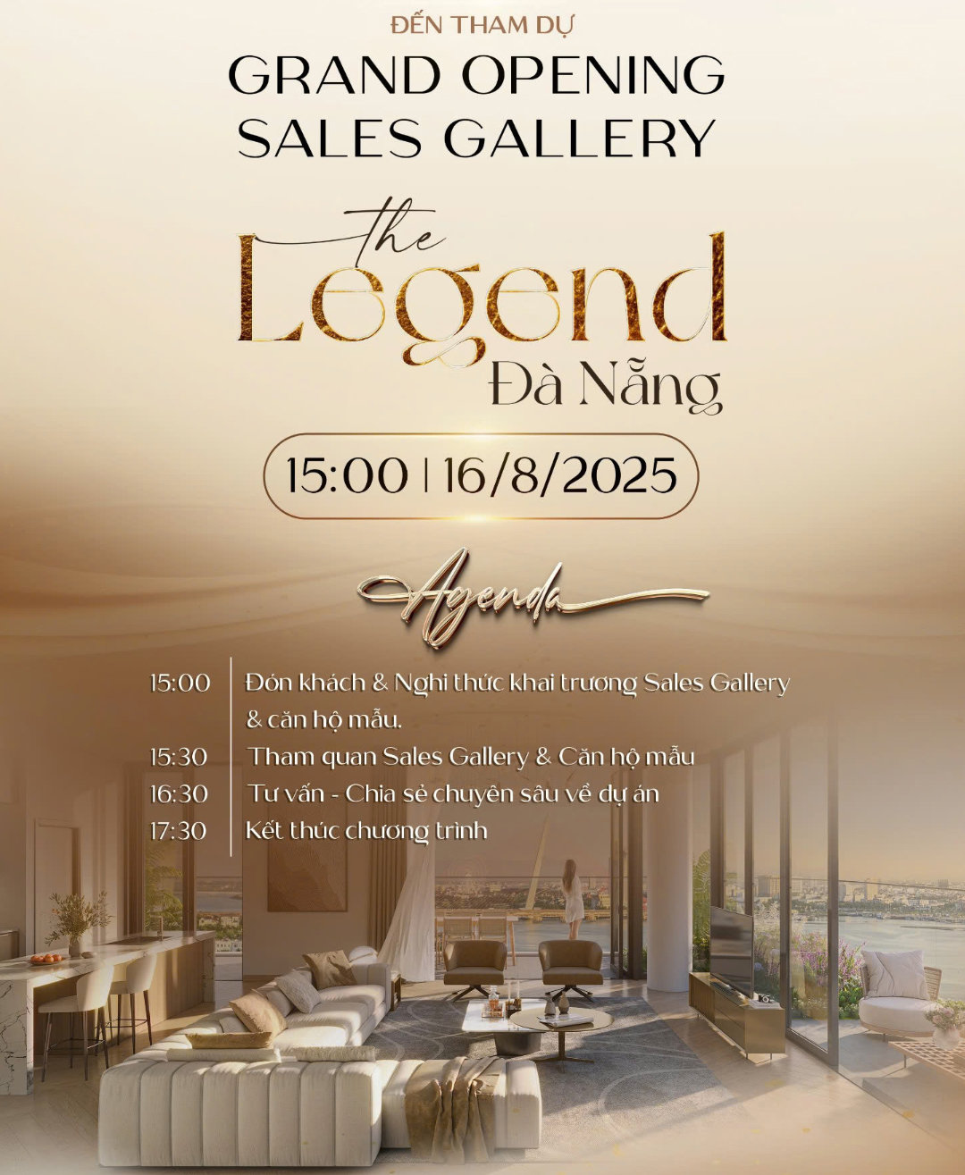 Thư mời Grand Opening Sales Gallery & Tham quan căn hộ mẫu The Legend Đà Nẵng ngày 16/8/2025