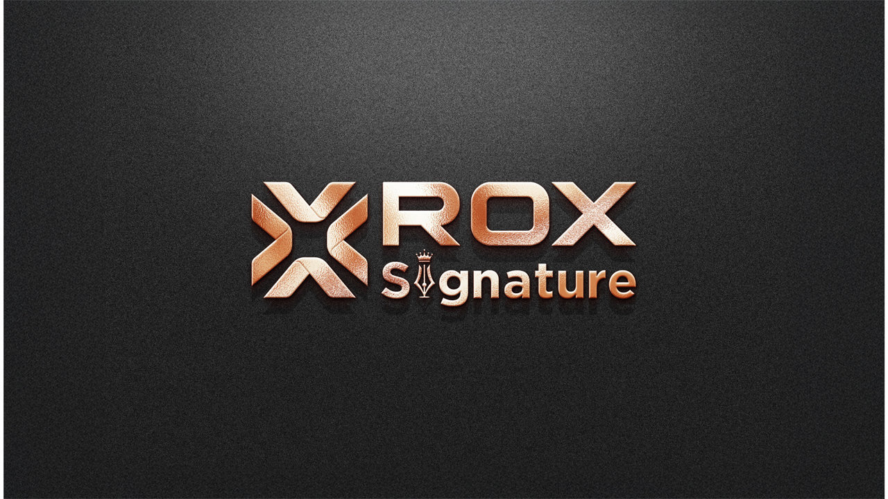 Logo ROX Signature thiết kế ánh kim màu đồng trên nền đen, biểu tượng thương hiệu sang trọng và cao cấp tại Đà Nẵng