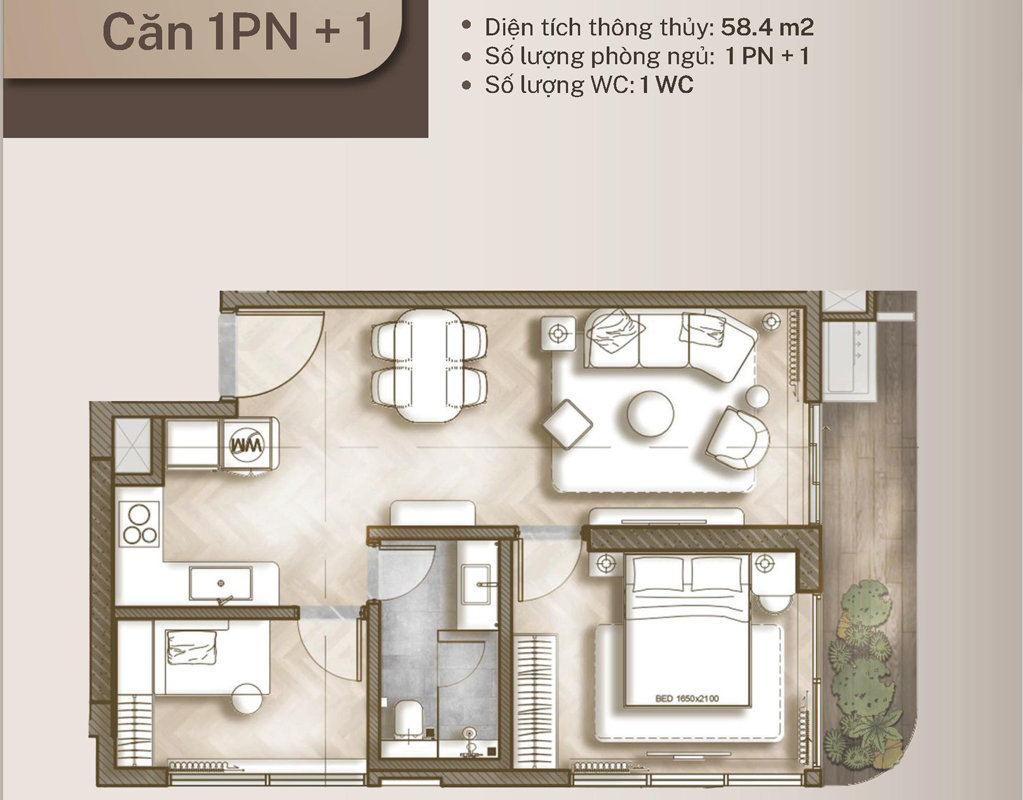 Thiết kế mặt bằng căn hộ 1PN+1 dự án The Legend Đà Nẵng, diện tích 58.4m2, gồm 1 phòng ngủ chính, 1 phòng đa năng và 1 WC