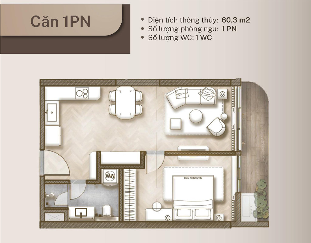 Thiết kế mặt bằng căn hộ 1 phòng ngủ dự án The Legend Đà Nẵng, diện tích 60.3m2, 1 phòng ngủ, 1 WC, không gian tối ưu