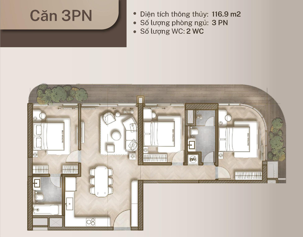 Mặt bằng căn hộ 3 phòng ngủ The Legend Đà Nẵng với diện tích 116.9m2, thiết kế sang trọng, 2 WC, không gian thoáng đãng.